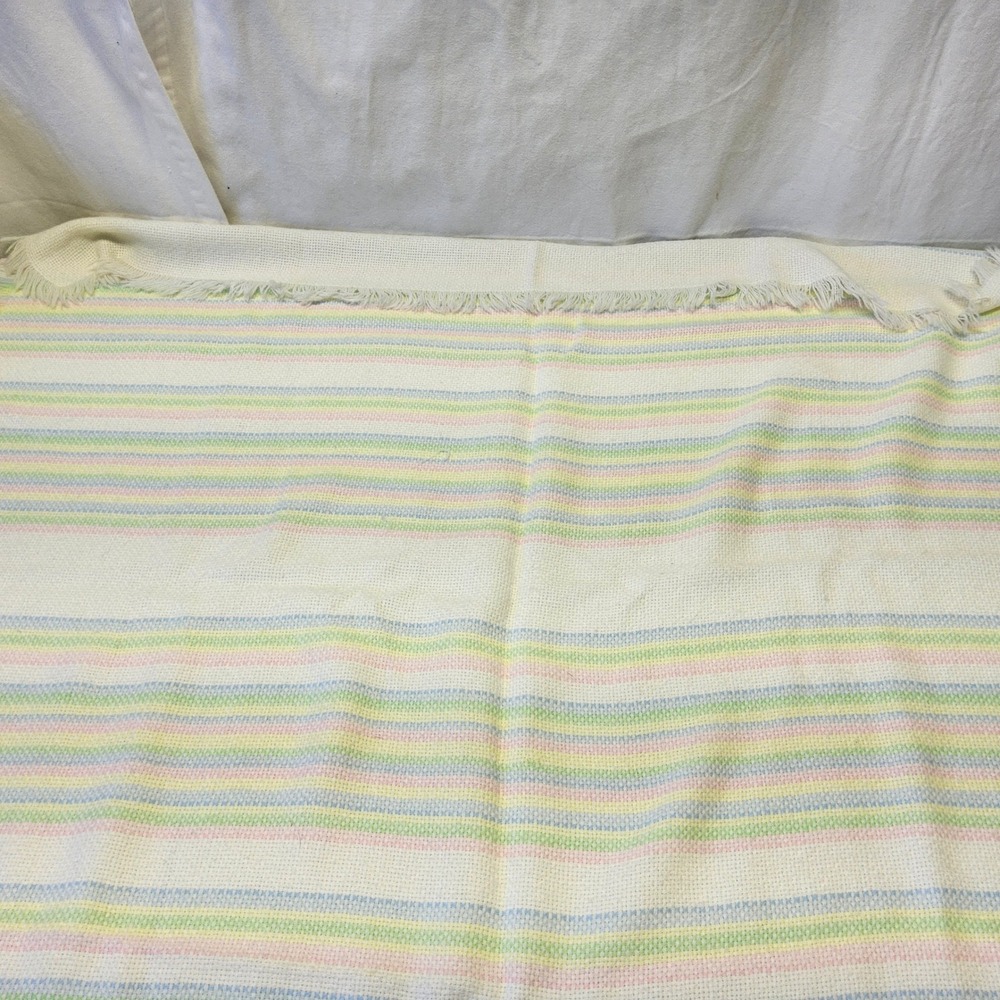 The Three Weavers Baby Blanket Cream Pastel Striped Fringed‎ Woven Vintage Style
